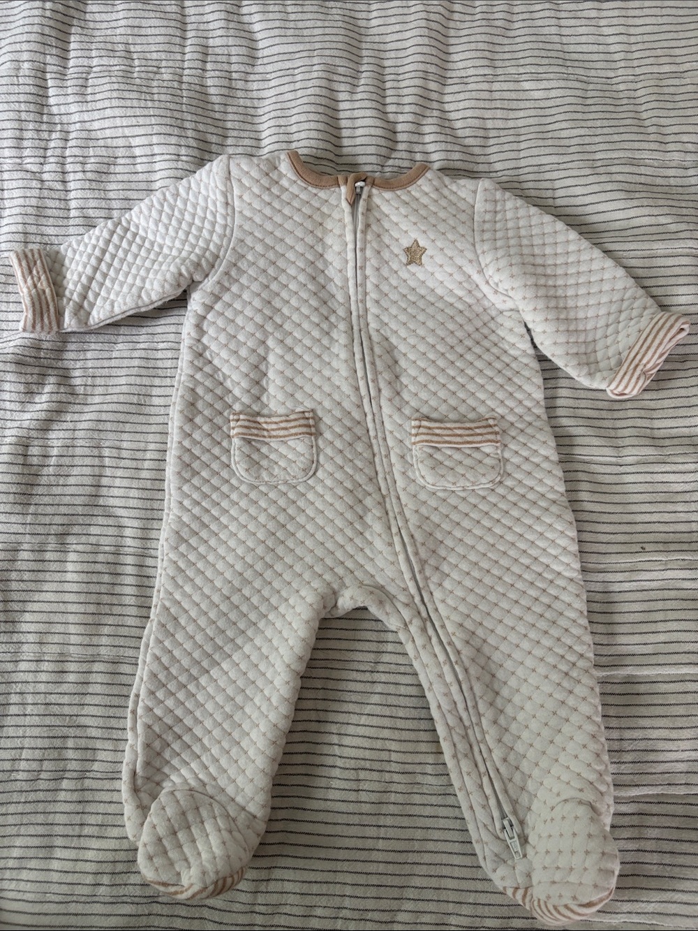 Little Me Cream Quilted Footed One-Piece with Star Accent